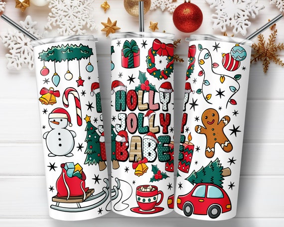 20 25 oz Skinny Tumbler Sublimation Merry Christmas Holly Jolly Babe Christmas | Christmas Snowman Bell Christmas Tree Party Design PNG