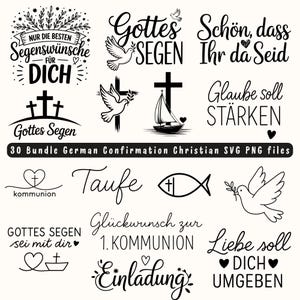 Op de afbeelding: Een verzameling zwart-witte christelijke SVG- en PNG-bestanden. De ontwerpen bevatten kruisen, duiven en scriptletters met zinnen als "Gottes Segen" en "Einladung". De tekst "30 Bundle German Confirmation Christian SVG PNG files" is ook aanwezig.