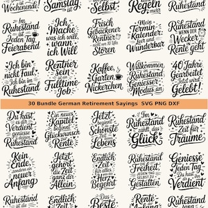 May include: A collection of thirty black and white digital graphic designs featuring German retirement-themed phrases in various decorative calligraphic fonts, including stars, hearts, and small icons like coffee cups and alarm clocks.