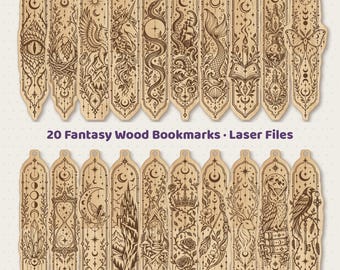 Puede incluir: Veinte marcapáginas de madera clara con intrincadas ilustraciones de fantasía grabadas con láser, que incluyen dragones, unicornios, sirenas, búhos y motivos celestiales. El texto 20 Fantasy Wood Bookmarks • Laser Files aparece bajo la fila superior.