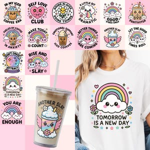 May include: A set of 12 colorful digital designs featuring cute cartoon characters and inspirational quotes. The designs include a rainbow, clouds, hearts, stars, and a variety of drinks. The designs are perfect for use on t-shirts, mugs, phone cases, and other merchandise.