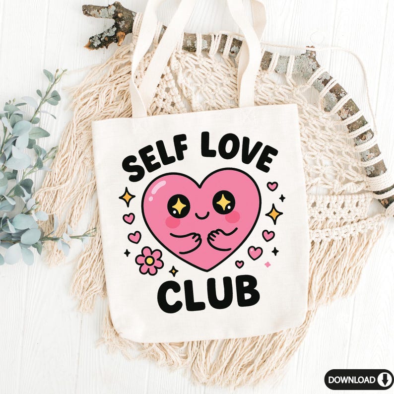 May include: White tote bag with a pink heart with eyes and arms hugging itself. The text "SELF LOVE CLUB" is printed in black on the bag.