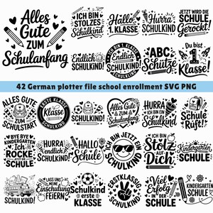 May include: A selection of black and white school-themed SVG and PNG files. The designs feature phrases such as "Alles Gute zum Schulanfang" and "Hurra, Schulkind!" alongside school-related graphics like pencils, backpacks, and apples. Ideal for crafting projects.