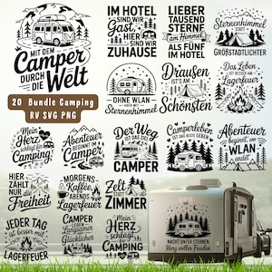 May include: A collection of black and white camping-themed SVG and PNG designs. The designs include camper vans, tents, and phrases like "Adventure begins where Wi-Fi ends." Perfect for crafting projects, these graphics evoke the spirit of outdoor travel and exploration.