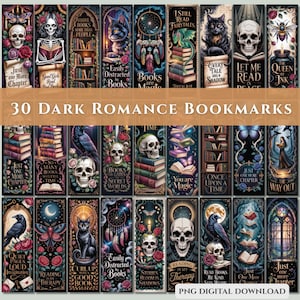 Peut inclure: Ensemble de 30 marque-pages de romance sombre. Chaque marque-page présente des illustrations gothiques avec des crânes, des livres, des chats et des attrape-rêves. Le texte comprend des phrases comme "Juste un autre chapitre".