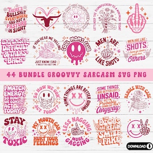 44 Bundle Sarcastic Sayings SVG | Groovy Front and Back Shirt Bundle | Funny Quotes Clipart | Retro Adult Humor Designs SVG PNG Download