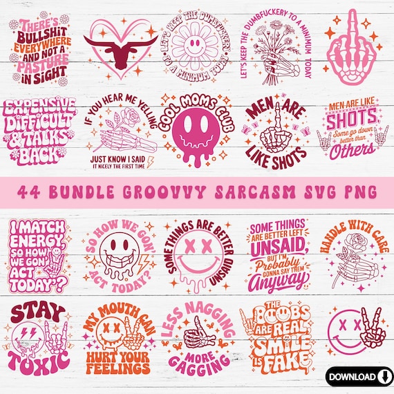 Sarcastic Quotes SVG Bundle: Groovy Retro Designs (44 Files)
