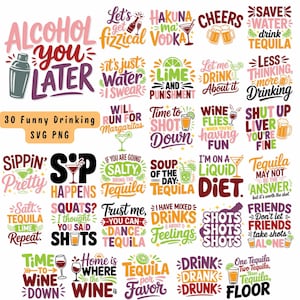 Puede incluir: Una colección de 30 diseños SVG y PNG divertidos con temática de bebidas. Los diseños presentan varias frases y citas relacionadas con el alcohol, los cócteles y el consumo de alcohol, en un estilo colorido y lúdico.