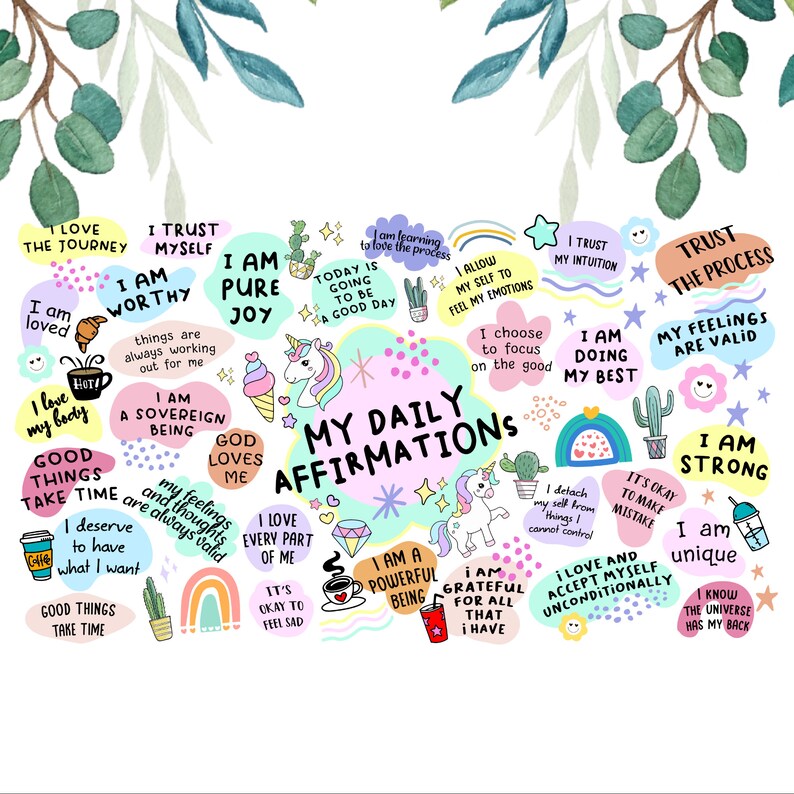 Op de afbeelding: Een kleurrijke illustratie met affirmaties voor zelfliefde en positiviteit. De illustratie bevat eenhoorns, regenbogen, cactussen, koffiekopjes en andere fantasierijke elementen. De tekst bevat zinnen als "Ik ben het waard", "Ik hou van elk deel van mezelf", "Ik ben sterk" en "Ik vertrouw op het proces".