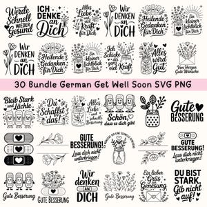 May include: A collection of black and white get-well-soon SVG and PNG designs. The designs include phrases like "Get Well Soon," "Thinking of You," and encouraging messages, along with floral and heart illustrations.