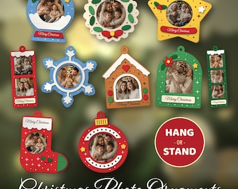 10 Christmas Photo Ornament SVG Bundle | Laser Cut Family Picture Frame, Hang or Stand, Personalized Tree Ornament, Glowforge xTool dxf