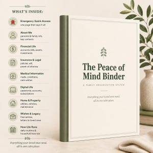 Könnte beinhalten: Ein cremefarbener Ordner mit dem Titel The Peace of Mind Binder und einem dunkelgrünen Buchrücken. Das Cover zeigt ein kleines Blattsymbol und Text. Links listet eine Übersicht namens WHAT'S INSIDE Bereiche wie Notfall und Finanzen auf.