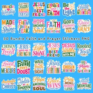 Puede incluir: Un conjunto de 30 pegatinas PNG con temática de fe, con citas y frases inspiradoras en varios colores. Las pegatinas incluyen frases como "Jesús es mi mejor amigo" y "La fe puede mover montañas".
