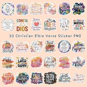 May include: A sheet of 30 Christian Bible verse stickers. Each sticker has a unique design with inspirational quotes and phrases in various fonts and colours. The stickers feature floral and watercolour backgrounds. Phrases include "Trust You" and "Be Still".