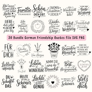 Puede incluir: Un conjunto de 30 citas de amistad alemanas en blanco y negro. Las citas están en diferentes fuentes y estilos, con corazones y elementos florales. También se incluye el texto "30 Bundle German Friendship Quotes file SVG PNG".