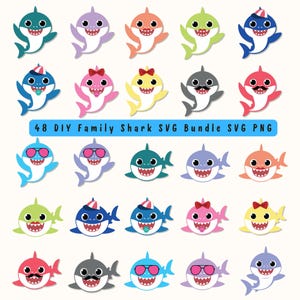 May include: A collection of colorful cartoon shark illustrations in various colors, including blue, pink, yellow, and green. Some sharks have accessories like sunglasses, bow ties, and mustaches. The text "48 DIY Family Shark SVG Bundle SVG PNG" is displayed.