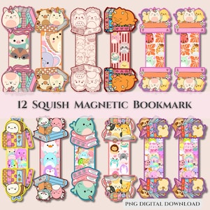 May include: A collection of 12 Squish magnetic bookmarks. Each bookmark features a colorful design with cute animal characters, books, and floral accents. The text "12 Squish Magnetic Bookmark" is displayed.