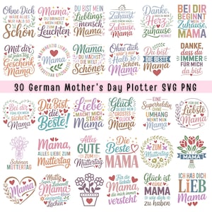 Puede incluir: Una colección de diseños alemanes para el Día de la Madre en formatos SVG y PNG. Los diseños presentan frases como "Mama" y "Liebe" en varias fuentes y estilos, con acentos de corazón y florales. También está presente el texto "30 German Mother's Day Plotter SVG PNG".