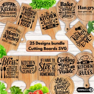 25 Cutting Board SVG Bundle | Funny Kitchen Quotes Baking Kitchen Decor | Kitchen Tray Charcuterie Board Digital Download Silhouette PNG SVG