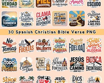 30 Sticker Spanish Bible Verse Christian Phrases PNG Bundle: Frases Cristianas (Digital Download)