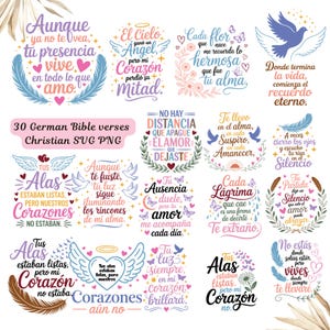Puede incluir: Colección de 30 versículos bíblicos alemanes en formato SVG y PNG. Los diseños presentan citas inspiradoras con ilustraciones florales y de palomas en varios colores, ideales para proyectos cristianos.