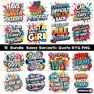 16 Bundle Sarcastic Sublimation Bundle | Sassy Quotes Funny Quotes | Sassy PNG Designs Digital Download for Crafting and DIY Download PNG