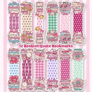 Peut inclure: Un ensemble de douze marque-pages rectangulaires aux palettes de couleurs rose et pastel, ornés d'illustrations sur le thème des livres et de citations telles que Currently Reading, Fueled by Coffee & Fiction, Do Not Disturb Reading et Book Club.