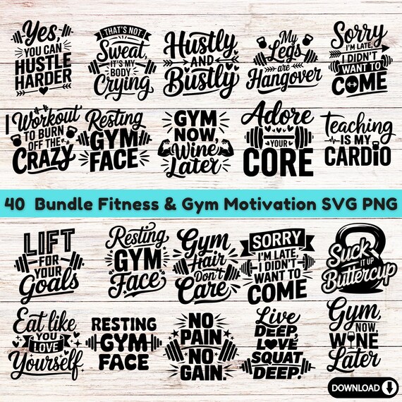 40 Gym Fitness SVG Bundle: Motivational Workout Clipart (Digital Download)