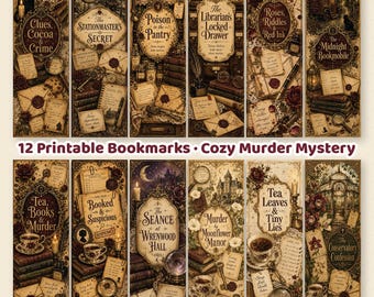 12 Cozy Murder Mystery Bookmarks Printable PNG | Vintage Book Lover Gift for Mystery Readers (Digital Download)