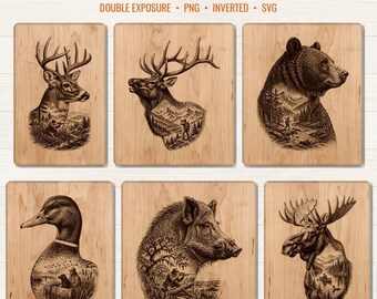 6 Hunting Laser Engraving Bundle | Deer Elk Bear Duck Double Exposure PNG SVG, Cutting Board, Pyrography Pattern, Hunter Gift