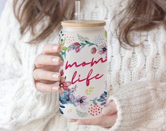 16 oz Libbey Glass Can Tumbler Mom life Flower , Mum life floral Sublimation Design Love Mom Tumbler Wrap, Waterslide glass can 16 oz