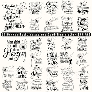 Op de afbeelding: Een verzameling van 30 Duitse positieve spreuken met paardenbloemafbeeldingen en inspirerende citaten. De zinnen zijn in een zwart, elegant lettertype, perfect voor wandkunst of doe-het-zelfprojecten. De tekst bevat zinnen als "Wer den Tag mit einem Lächeln beginnt..."