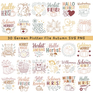 Op de afbeelding: Een verzameling van 30 Duitse herfst-SVG- en PNG-bestanden. De ontwerpen bevatten herfstthema-illustraties, waaronder pompoenen, eikels, bladeren en dieren zoals eekhoorns en uilen, met zinnen als "Hallo Herbst".