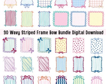 30 Hand-drawn Borders Coquette Bow Frame Wavy Striped (Digital Download)