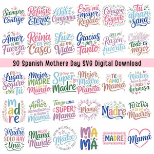 Könnte beinhalten: Ein digitaler Download-Grafik mit 30 spanischen Muttertags-SVG-Designs. Die Designs enthalten Sätze wie "Eres mi mayor regalo" und "Te amo Mamá" in verschiedenen farbenfrohen Schriftarten und -stilen. Der Text "30 Spanish Mothers Day SVG Digital Download" ist ebenfalls vorhanden.