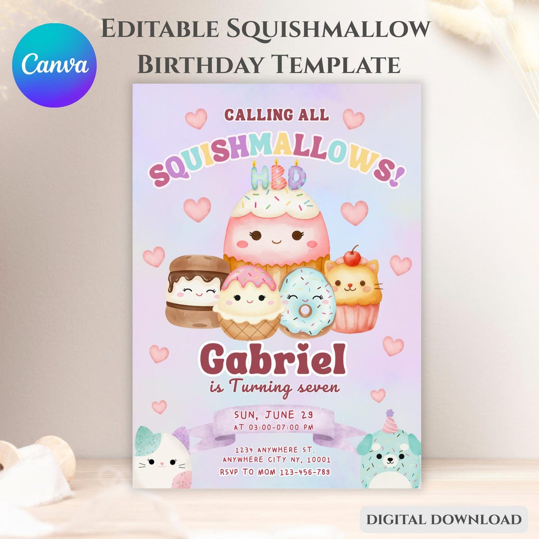 Squishmallow birthday invitation template