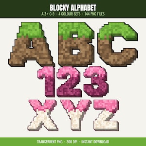 May include: A digital graphic set titled BLOCKY ALPHABET featuring pixel art letters and numbers. The characters A, B, and C have a green and brown blocky texture. The numbers 1, 2, and 3 are pink, and the letters X, Y, and Z are pink and white.
