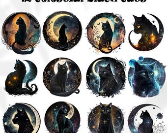12 Hermosos Gatos Negros Celestiales Clipart, Gato Mágico png / Clip art mágico / Clipart Luna Mística / Clipart Pagano Brujería / Amante de los gatos