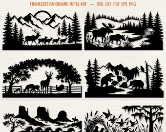 6 Wildlife Scene Panel SVG DXF Bundle | Elk Moose Bear Deer Horse Duck Metal Wall Art, Plasma Cut File, Cabin Decor Laser png