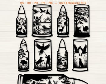 8 Hunting Bullet Scene SVG Bundle | Deer Elk Bear Duck Hunter Laser Cut File, Shotgun Shell Metal Sign, Man Cave Decor DXF