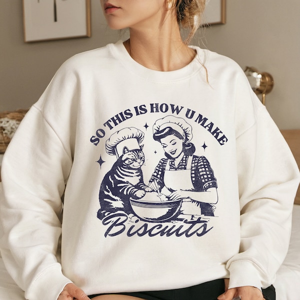 So this is how u make biscuits, Trendy Vintage Retro Housewife Funny Sarcastic Adult Humor Sublimation Design T-Shirt Mug Cat retro