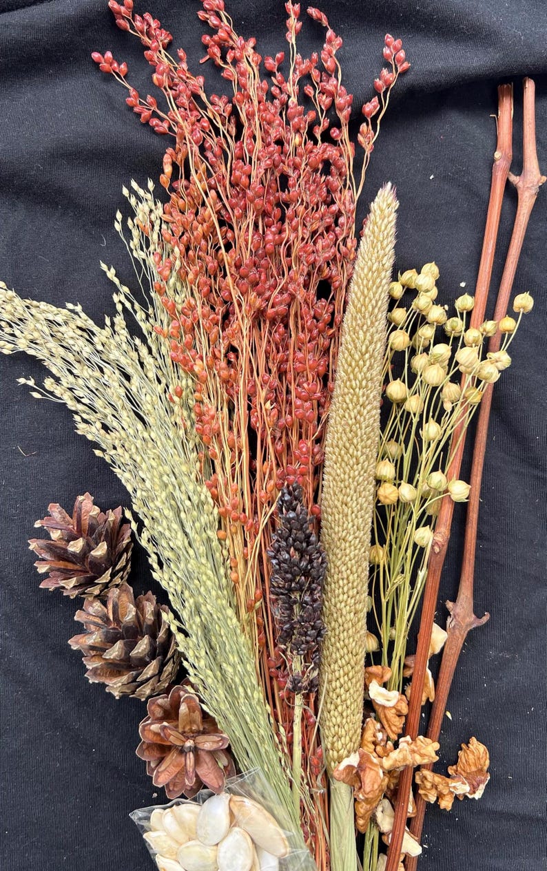 May include: A collection of dried floral elements, including wheat, red berries, and pinecones, arranged against a black background. The bouquet features a variety of textures and colors, with a focus on natural elements.