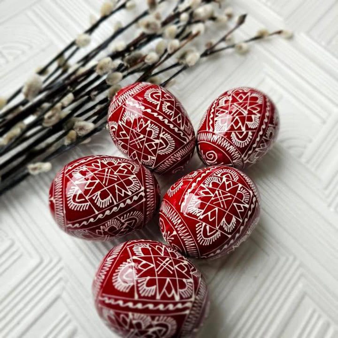 Set of 5 Ukrainian Red Pysanka, Wooden Eggs, Hand Painted Ornament Eggs ...