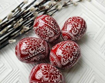 Set of 5 Ukrainian Red Pysanka, wooden eggs, Hand painted ornament eggs