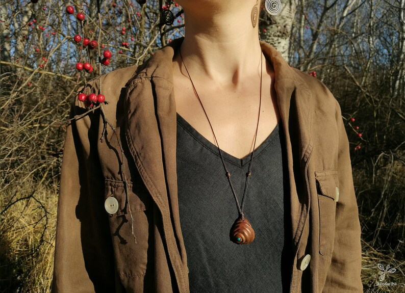 Hand Carved Spiral Necklace \u2022 Carved Avocado Pit \u2022 Carved Wood Stone Pendant \u2022 Long Boho Necklace \u2022 Hippie Necklace \u2022 Tribal \u2022 Nature Lover