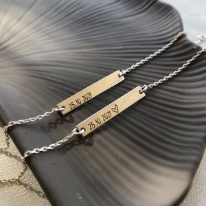 Pulsera de plata personalizada • Pulsera delicada con barra personalizada para nombre, letra, símbolo y coordenada