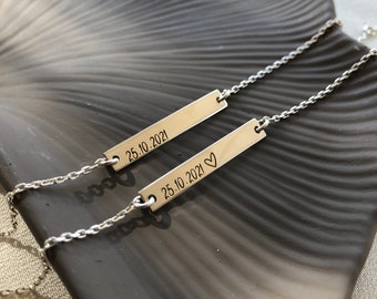 Personalized Silver Bracelet • Dainty Personalized Bar Bracelet for Name, Letter, Symbol, Coordinate