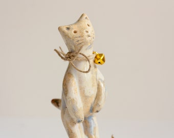 Ceramic cat erect with rattle. Kitten figure on ceramic base. Miniature statuette. Unique piece. Ready to send.