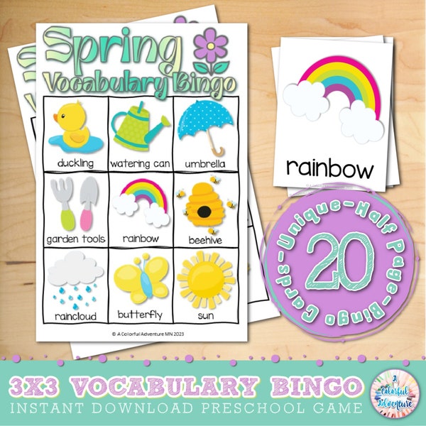 Spring Preschool Bingo Printable, 3x3 Bingo and Calling Card Set, Vocabulary Games and Activities for Kids, Party Game, DIGITAL DOWNLOAD