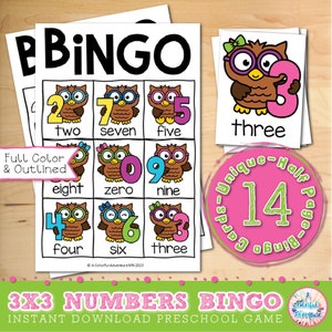 Woodland Owl Numbers 3x3 Preschool Bingo Printable, Kids Party Game, Number Recognition Activity, Games and Activities for Kids, DIGITAL